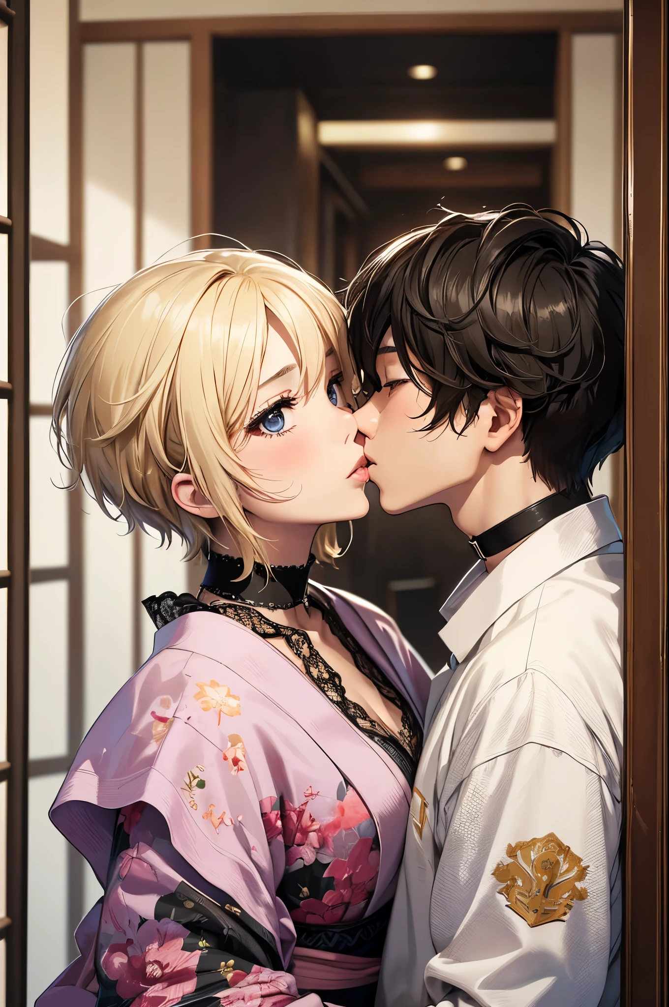 (Highest quality, Super detailed, Indoor Scene, High resolution, masterpiece:1.2), Portraiture, Detailed faces and features, Japanese Boy’s couple 1.8, ((One Japanese boy:Blonde Short Hair)), ((One Japanese boy:Black short hair 1.8)),((boy's Kissing scene 1.8)),Girly boy, Tomboy, Girly boy, trap, Natural Makeup, ((Kissing scene 1.8)), Black Choker,,Boy&#39;s face, Are crying, Blushing, Casual Dresses, Vibrant colors, Soft lighting