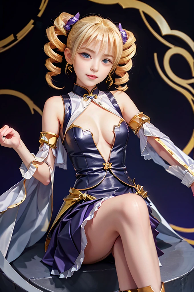 Highest quality Masterpiece 8K Super fine Beautiful face one girl realistic Two Arms Five Fingers Two Legs ((Super Drill Twintails)) Platinum Blonde Hair Body Plump 18-year-old Shiny skin Slit eyes Thick makeup in Chinese style Narrow eyes Long eyelashes Cao Cao Warlene Awkward gaze An inappropriate smile Leather sleeveless outerwear Transparent white lace inner Purple hair ribbon decorated with a gold skull slender Super big breasts