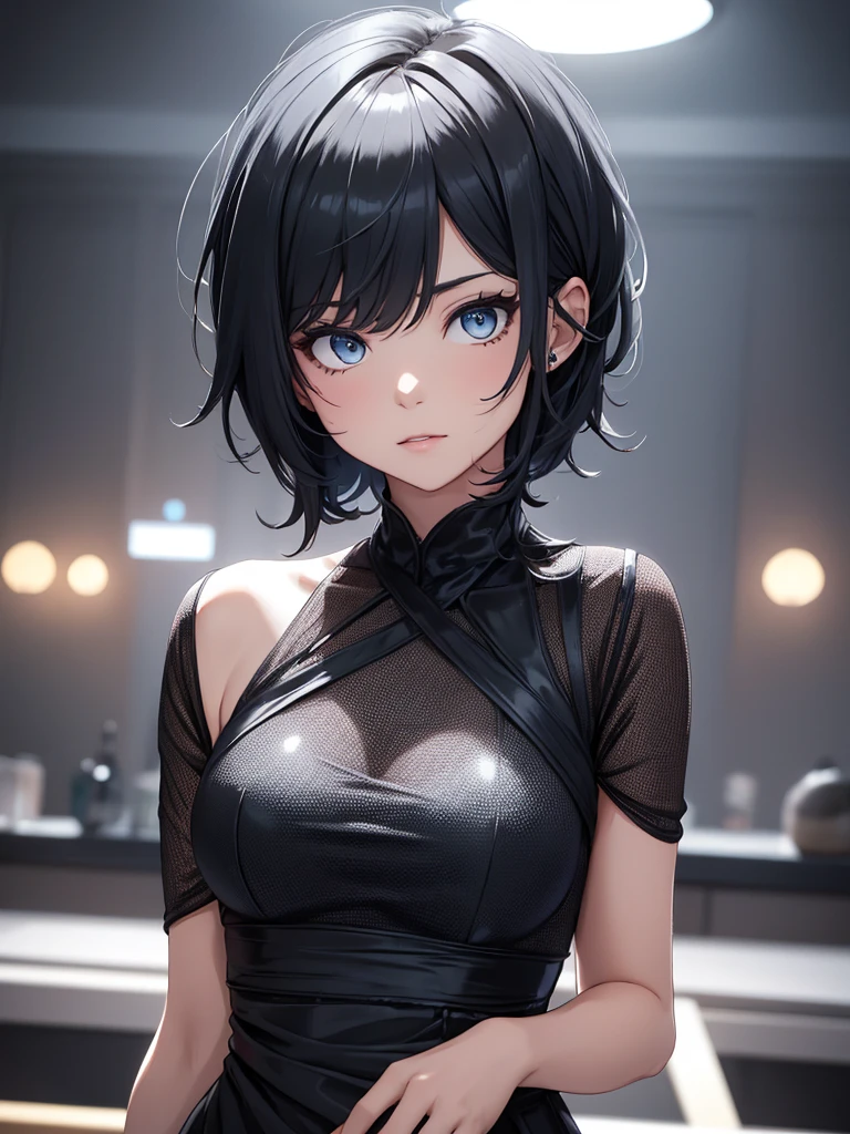 1women, wearing a black colour party frock, (modern style plain black colour frock), at a night party, light blue colour short hair, light blue colour eyes, 8k, high detailed, high quality