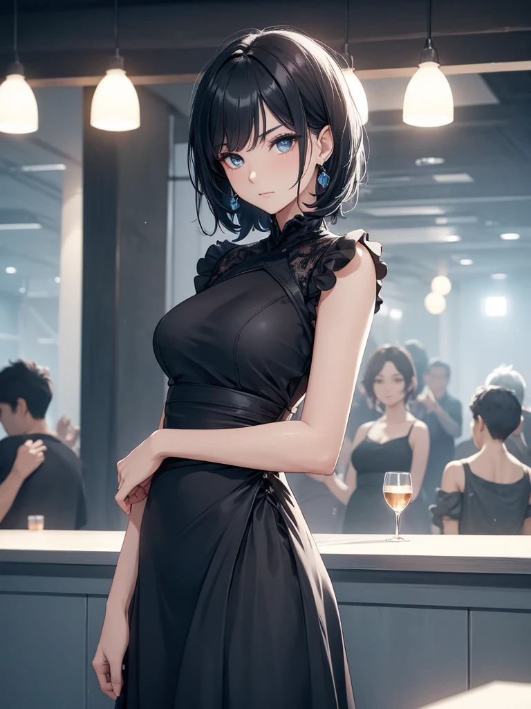 1women, wearing a black colour party frock, (modern style plain black colour frock), at a night party, light blue colour short hair, light blue colour eyes, 8k, high detailed, high quality
