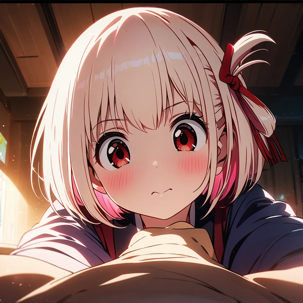 (( Chisato, Girl, pov, hetero, )), (( pink cheeks, )), (ceiling, ), ( absurdres, ultra HD, 8k wallpaper, cinematic lighting, ), 