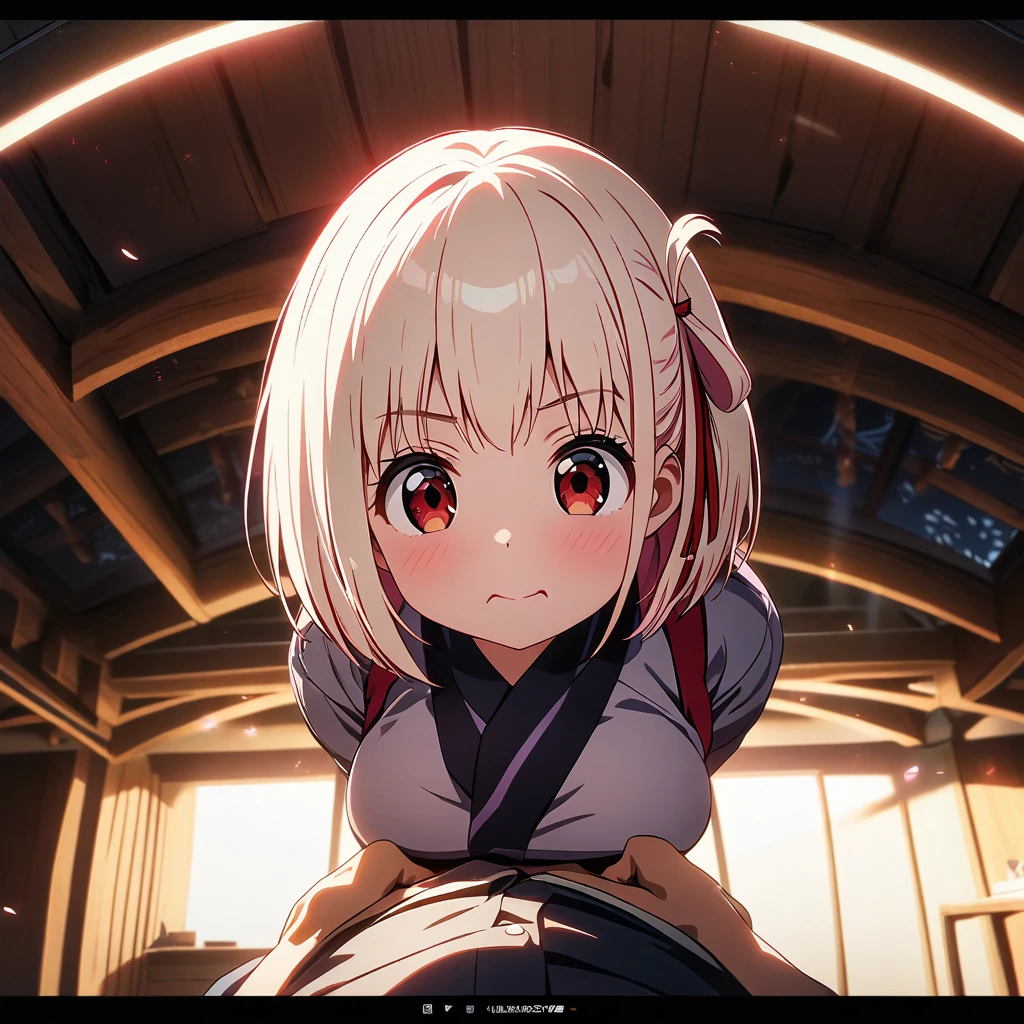 (( Chisato, Girl, pov, hetero, )), (( pink cheeks, )), (ceiling, ), ( absurdres, ultra HD, 8k wallpaper, cinematic lighting, ), 