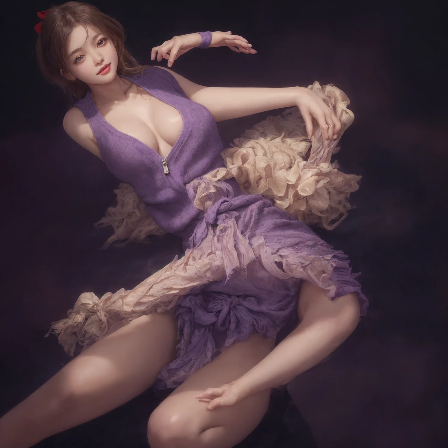 a beautiful detailed girl with gorgeous eyes, full lips, and delicate features, wearing a purple sweater vest and a red ribbon, sitting with her legs crossed against a simple dark background, with a joyous expression and a hint of underboob and cleavage, the image has a sharp focus, microscopic detail, and a transparent background, with a virtual youtuber artist style, and elements like watson amana, yu-ga-oh genshin impact, and zipper pull tabard, all rendered in a vivid, high-quality photorealistic style.
