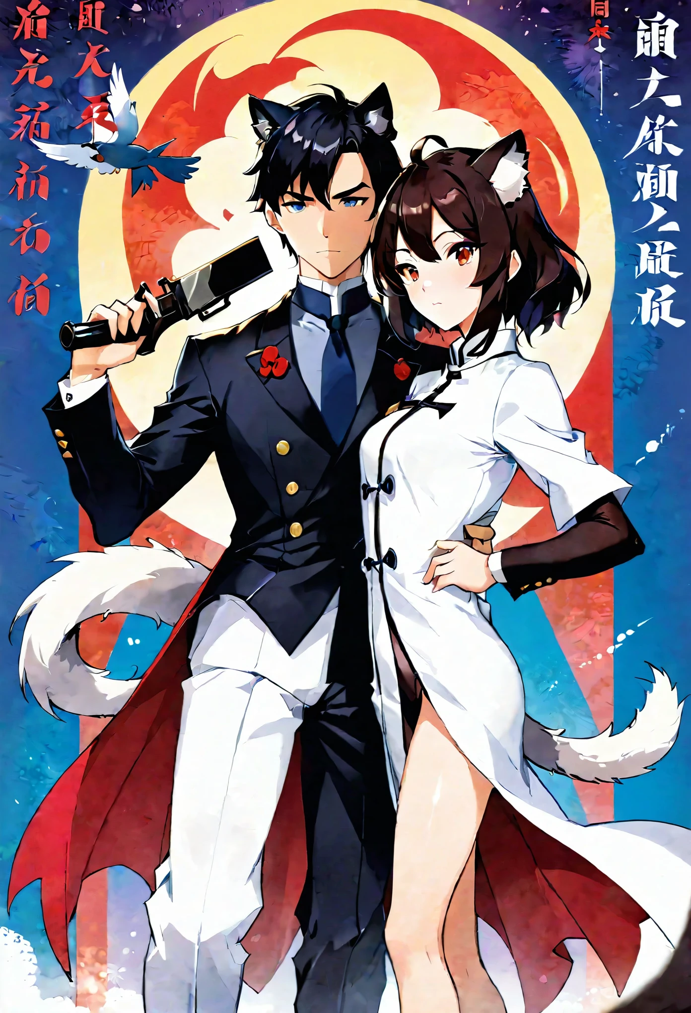 movie poster, movie artwork, concept art of love, romance novel cover, highres, top quality, best quality, perfect artwork, absurdres, perfect anatomy(couple, young 1male detective, 1woman in Chinese dress)(furry, kemono, anthro))with some elements of 007, battle,