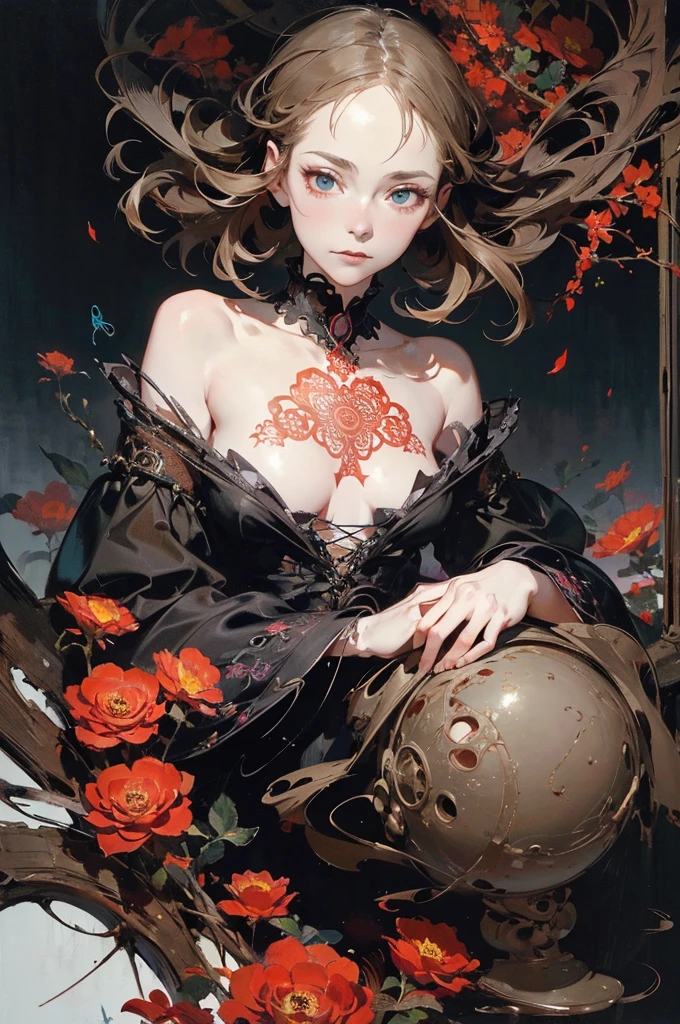 offcial art, Unity 8k wallpaper, Ultra detailed, Beautiful and aesthetic, Masterpiece, Best quality, (zentangle, mandalas, tangled, entangle), (Fractal art:1.3) , 1girll, Red flowers, Extremely detailed, Dynamic Angle, cow boy shot, The most beautiful form of chaos, elegant, Fauvistdesign, vivd colour, romanticism lain, author:James Jean, roby dwi antono, ross tran, Francis Bacon, Michal Mraz, adrian ghenie, petra cortright, Gerhard Richter, Takato Yamamoto, Ashley Wood, Atmospheric,02