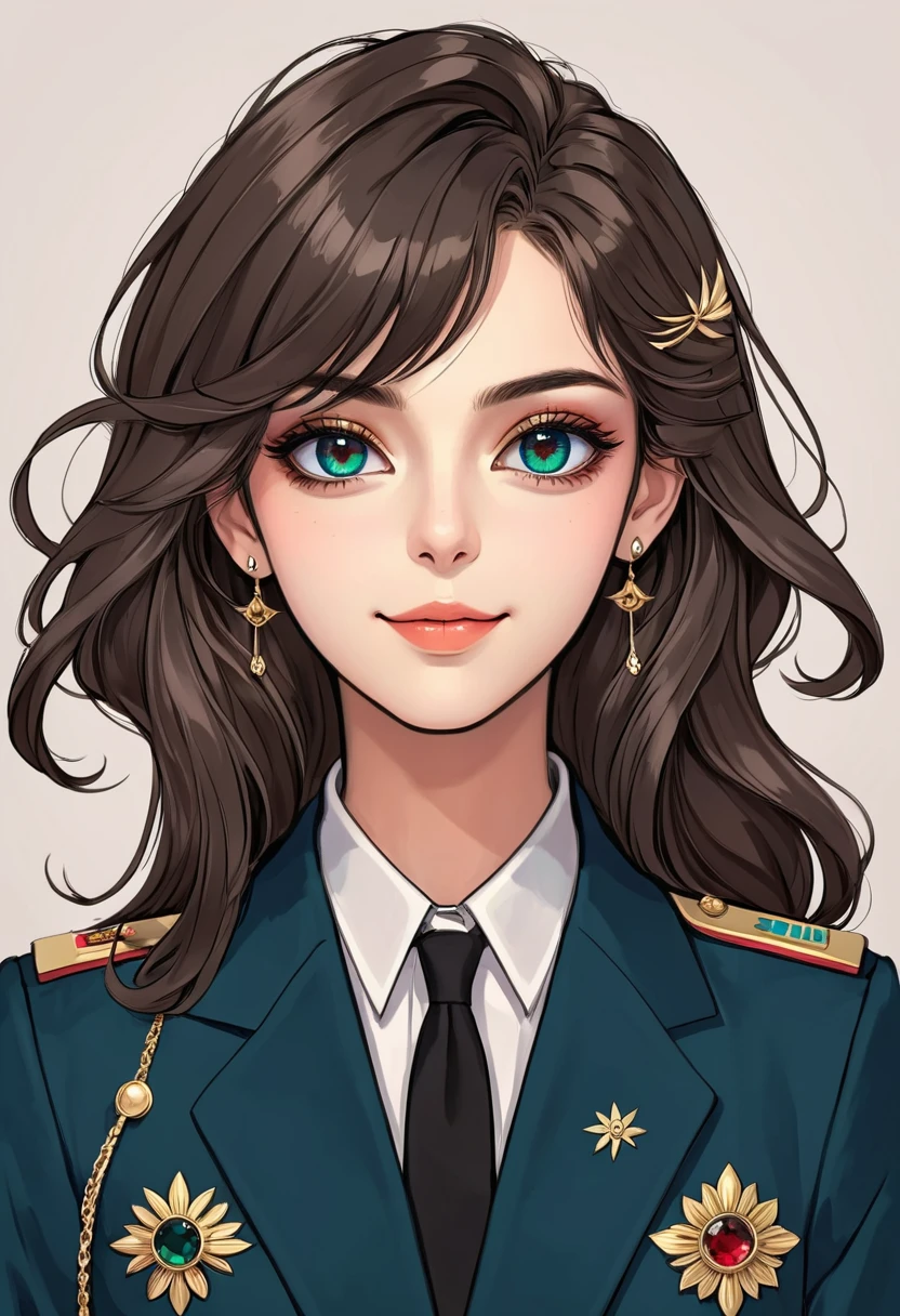 (Digital Illustration,Detailed anime style girl portrait,Solitary,symmetry),(Big colorful eyes,Fashionable and exquisite facial features,Exquisite makeup,Smile,Soulful gaze,),(Long hair,Beautiful hairstyle,Hairpin),(Suit,Epaulettes,cool,),Clean and simple background