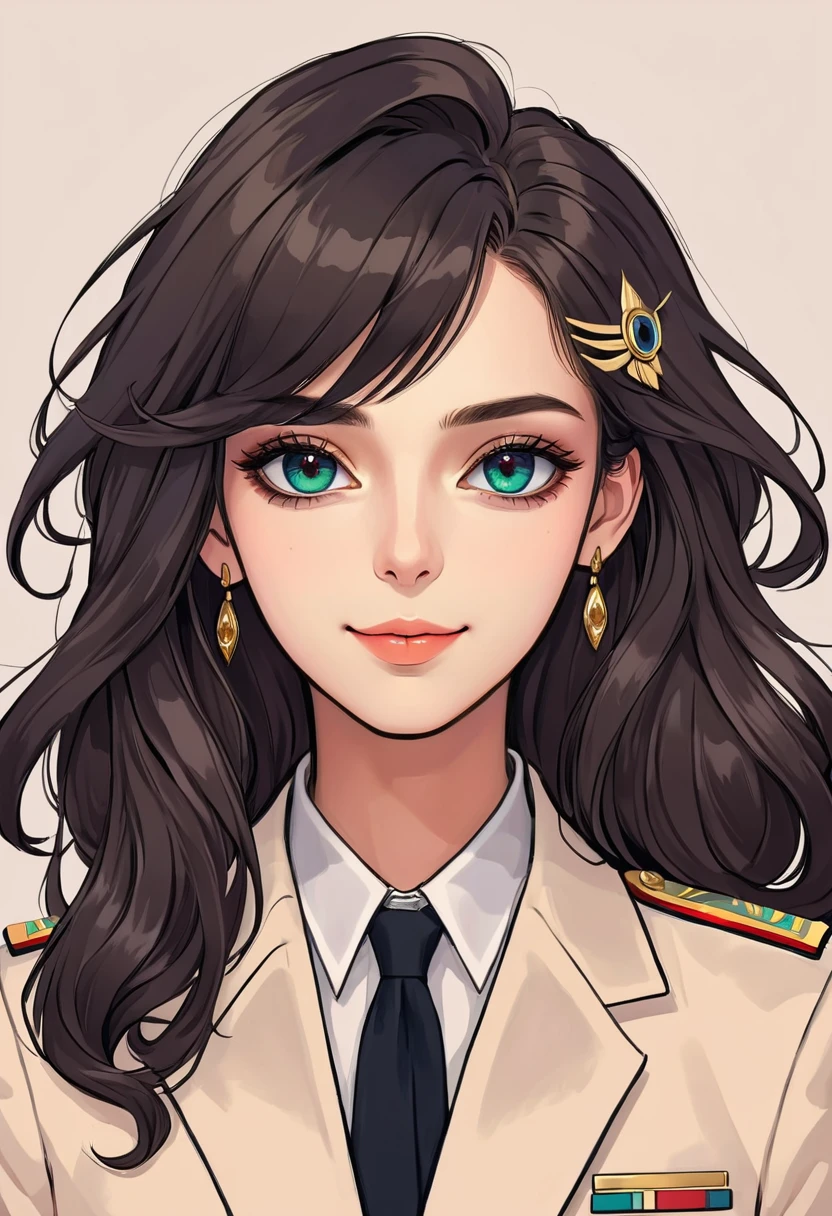 (Digital Illustration，Detailed anime style girl portrait，Solitary，symmetry)，(Big colorful eyes，Fashionable and exquisite facial features，Exquisite makeup，Smile，Soulful gaze，)，(Long hair，Beautiful hairstyle，Hairpin)，(Suit，Epaulettes，cool，)，Clean and simple background