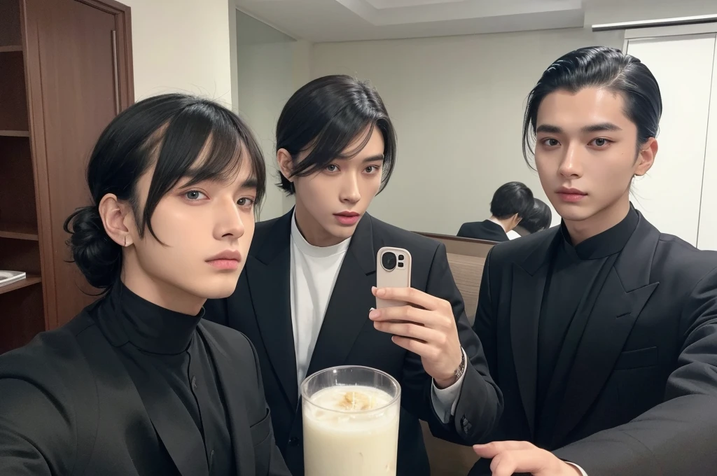 A selfie of a man with long bangs and a man with his hair slicked back。
