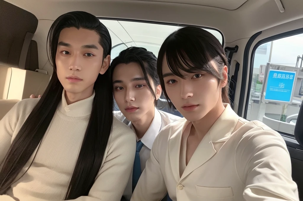 A selfie of a man with long bangs and a man with his hair slicked back。