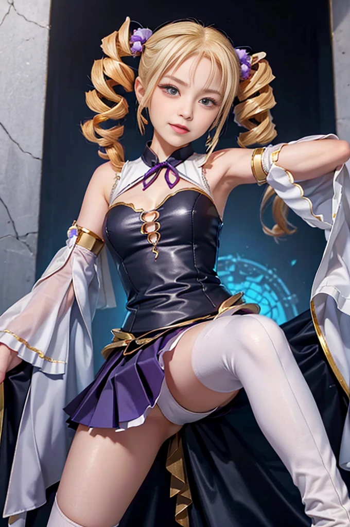 Highest quality Masterpiece 8K Super fine Beautiful face one girl realistic Two Arms Five Fingers Two Legs ((Super Drill Twintails)) Platinum Blonde Hair Body Plump 18-year-old Shiny skin Slit eyes Thick makeup in Chinese style Narrow eyes Long eyelashes Cao Cao Warlene Awkward gaze An inappropriate smile Leather sleeveless outerwear Transparent white lace inner Purple hair ribbon decorated with a gold skull slender Super
