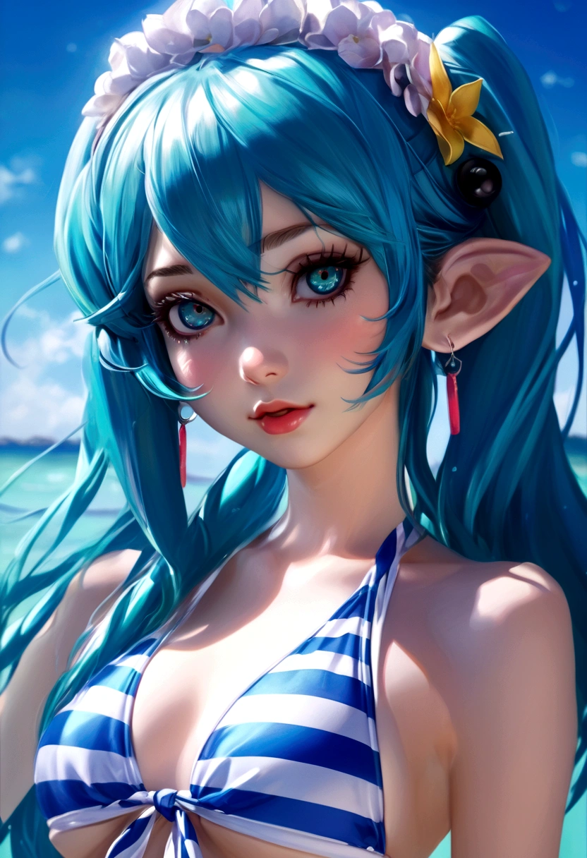 a cute hatsume miku in a sexy blue and white striped bikini, beautiful detailed eyes, beautiful detailed lips, extremely detailed eyes and face, long eyelashes, detailed skin, photorealistic, highly detailed, 8k, best quality, masterpiece, vibrant colors, natural lighting, colorful, soft lighting