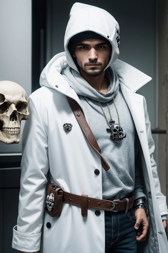 Bandit in white coat with skull in hand