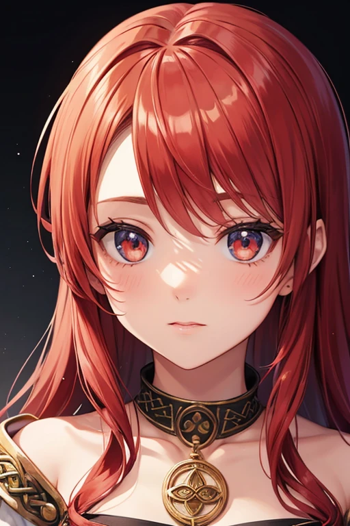 girl's face with Nordic features, ancient Roman era, loose red hair, Celtic setting