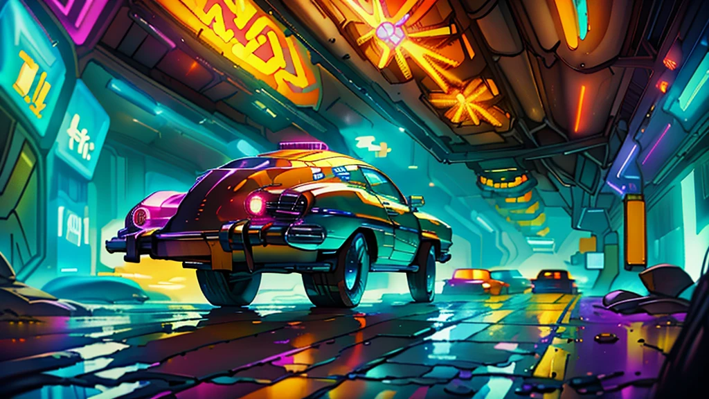 Cool chic car on a wet road. , neon lights, neon, retrowave, club,,,, in love Hemp, colorful, wallpaper, energy, secret, magical environment, omniscience, prediction of the future, understanding the past, frost magic, --v 6