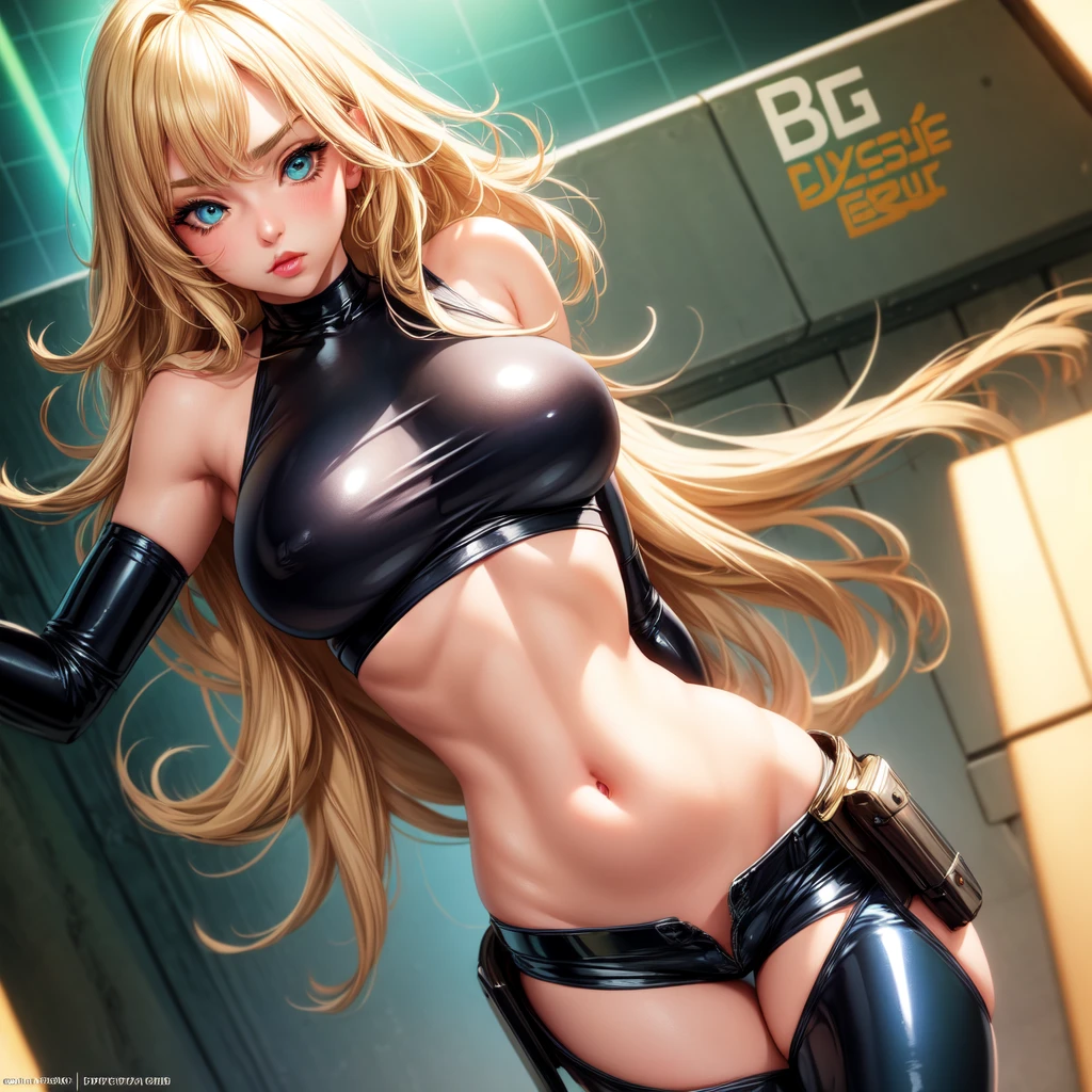 1 girl, solo, Big breasts, curvy, realistic, blonde hair, green and blue eyes, amazing big eyes, eye details, eyebrow details, big lips, blush, confident, dominant, bdsm, HD, good quality, crop top, shorts latex