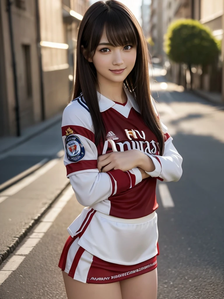 (8k, RAW Photos, Highest quality, masterpiece:1.2), (Realistic, photo-Realistic:1.4), (Highly detailed 8K wallpapers), ((Full Body Shot)), (1 girl), Sharp focus, Depth of written boundary, Cinematic lighting, Soft Light, 緻密な美しさのeye, eye_Chan, Very beautiful 17 year old girl, innocent big eyes, Realistic, photo Realistic, Highly detailed cute girl, (Thin thighs), (Model Body Type), 18-year-old, (((Arsenal Soccer Jersey))), ((Micro Mini Tight Skirt)), (((Fold your arms in front of your chest and act arrogantly))), ((A happy smile)), Parted lips, Watching the audience, (On the streets of Britain) , (Brown Hair),(Long Bob Hair), (Asymmetrical bangs)