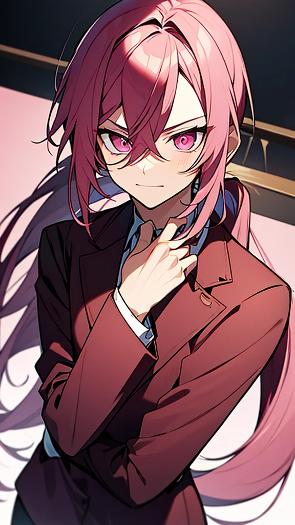 1man-boy- Male,dark pink hair long, Ponytail , best quality,extremley,pink eyes,male focus, Cold eyes, wear a suit ,wink,