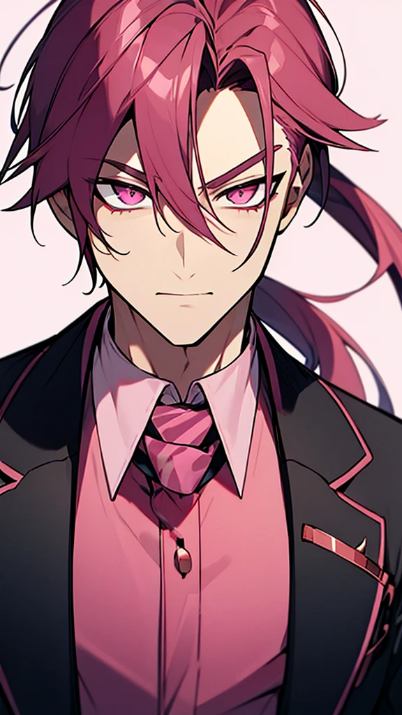 1man-boy- Male,dark pink hair long, Ponytail , best quality,extremley,pink eyes,male focus, Cold eyes, wear a suit ,wink,