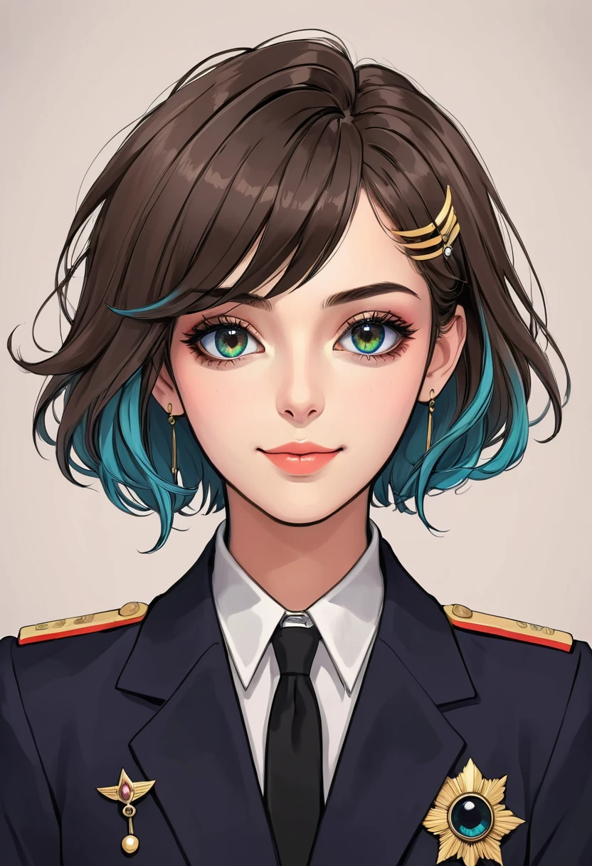 (Digital Illustration，Detailed anime style girl portrait，Solitary，symmetry)，(Big colorful eyes，Fashionable and exquisite facial features，Exquisite makeup，Smile，Soulful gaze，)，(short hair，Beautiful hairstyle，Hairpin)，(Suit，Epaulettes，cool，)，Clean and simple background