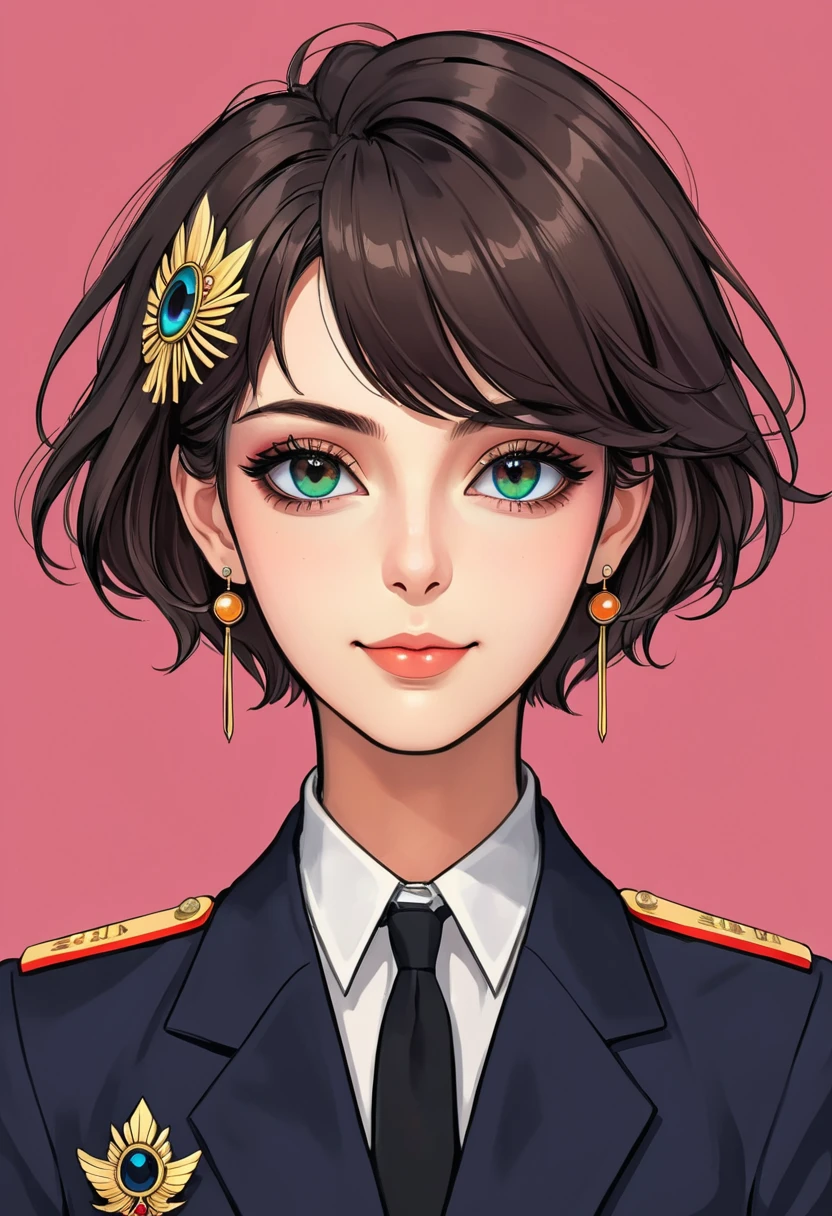 (Digital Illustration,Detailed anime style girl portrait,Solitary,symmetry),(Big colorful eyes,Fashionable and exquisite facial features,Exquisite makeup,Smile,Soulful gaze,),(short hair,Beautiful hairstyle,Hairpin),(Suit,Epaulettes,cool,),Clean and simple background