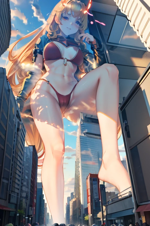 GTS, giantess, Giant Girl 50,000 km high,Have a pair of long legs,very long legs, Have a pair of huge breasts,Wearing a red bikini,Waist length blonde hair,Loose hair,Wear a pair of Mary Janes,Blonde curly hair,full of enjoyment,Stand still in a crowded city, vandalism,It seems to be an invincible existence,beautiful appearance,Sophisticated makeup,quality,8K,High quality,(Governor:1.5),Perfect proportion, theater lighting,film grain,Fuji Colors,8K,textured skin,Super detailed,high detail,high quality,High resolution,Fake laugh,morning,Perfect body ,Full body image