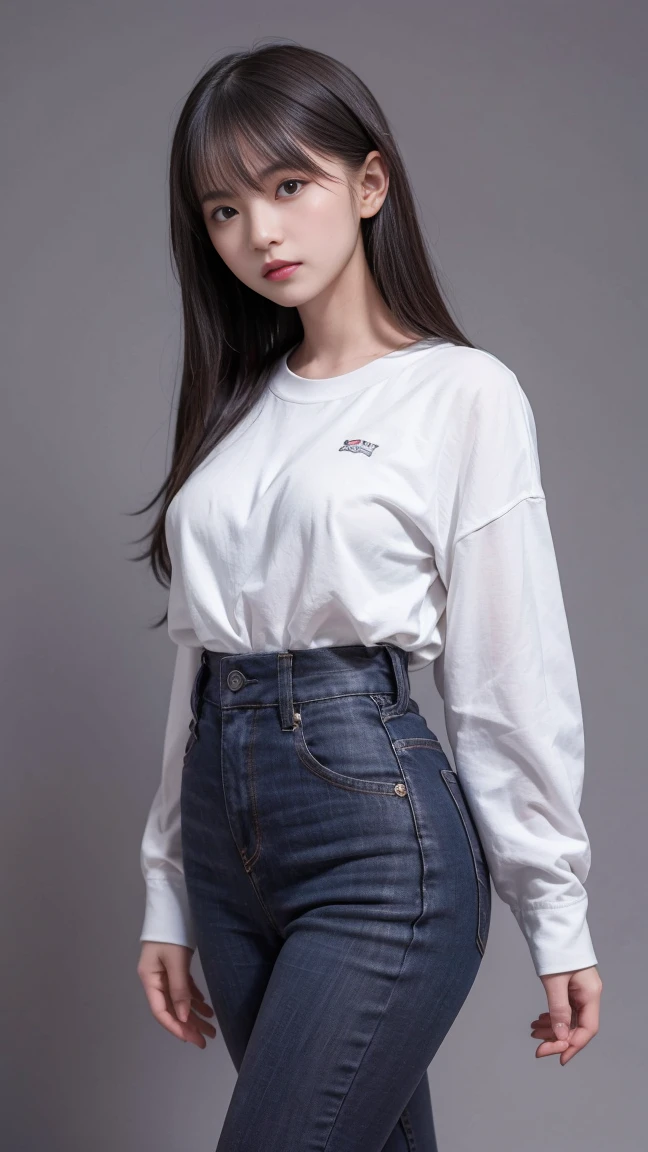 Highest quality,masterpiece,Ultra-high resolution,Original photo,Ultra-high resolution，Beautiful woman, 25 years old, long legs:1.5，high waist，whole body，whole body，Gray background，whole bodyポートレート