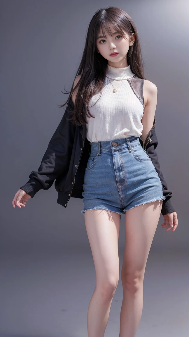 Highest quality,masterpiece,Ultra-high resolution,Original photo,Ultra-high resolution，Beautiful woman, 25 years old, long legs:1.5，high waist，whole body，whole body，Gray background，whole bodyポートレート