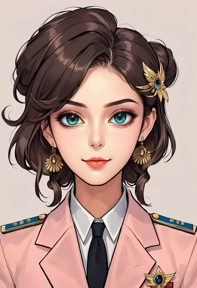 (Digital Illustration,Detailed anime style girl portrait,Solitary,symmetry),(Big colorful eyes,Fashionable and exquisite facial features,Exquisite makeup,Smile,Soulful gaze,),(Double tail,Beautiful hairstyle,Hairpin),(Suit,Epaulettes,cool,),Clean and simple background