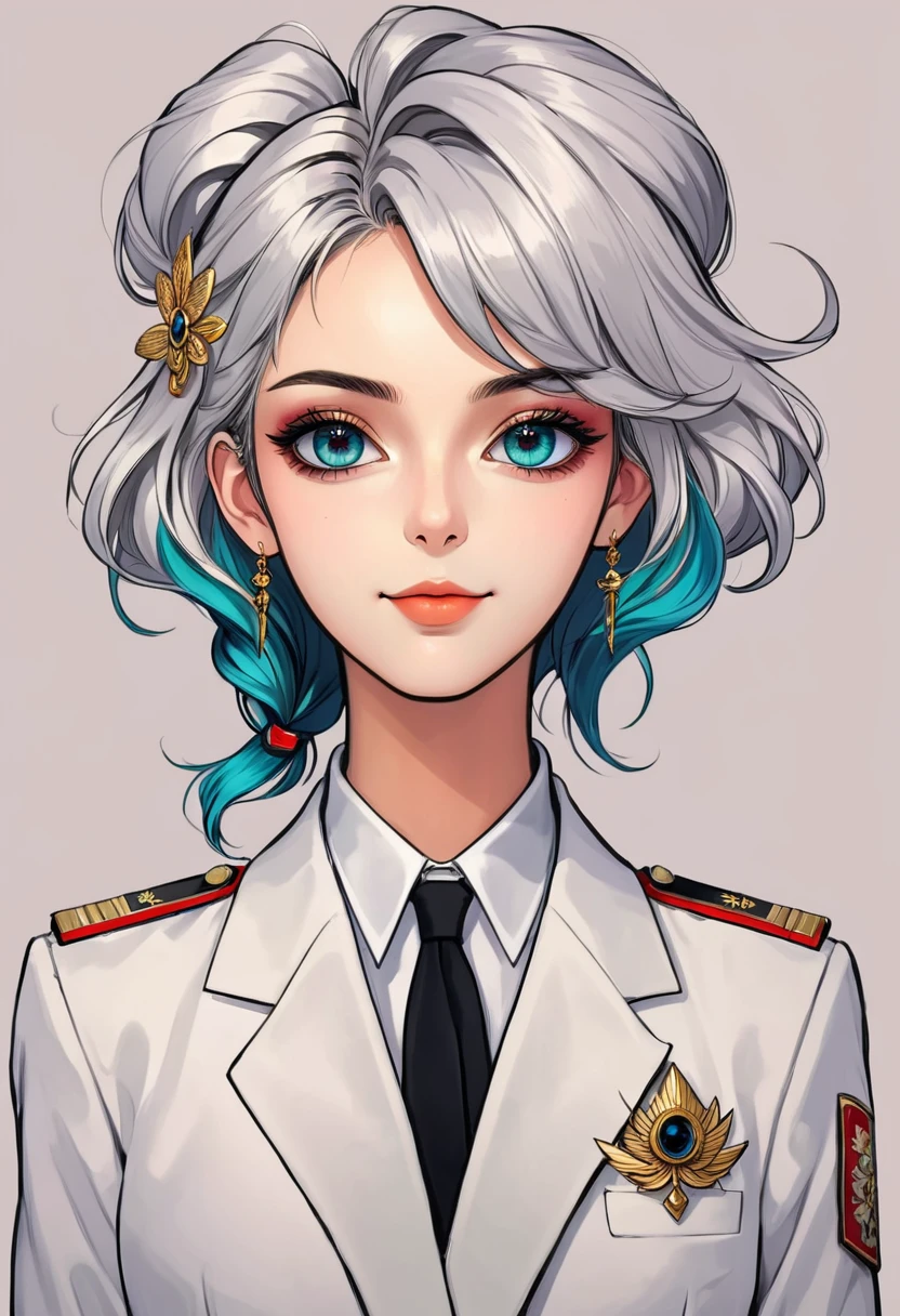 (Digital Illustration，Detailed anime style girl portrait，Solitary，symmetry)，(Big colorful eyes，Fashionable and exquisite facial features，Exquisite makeup，Smile，Soulful gaze，)，(Double tail，Beautiful hairstyle，Hairpin)，(Suit，Epaulettes，cool，)，Clean and simple background