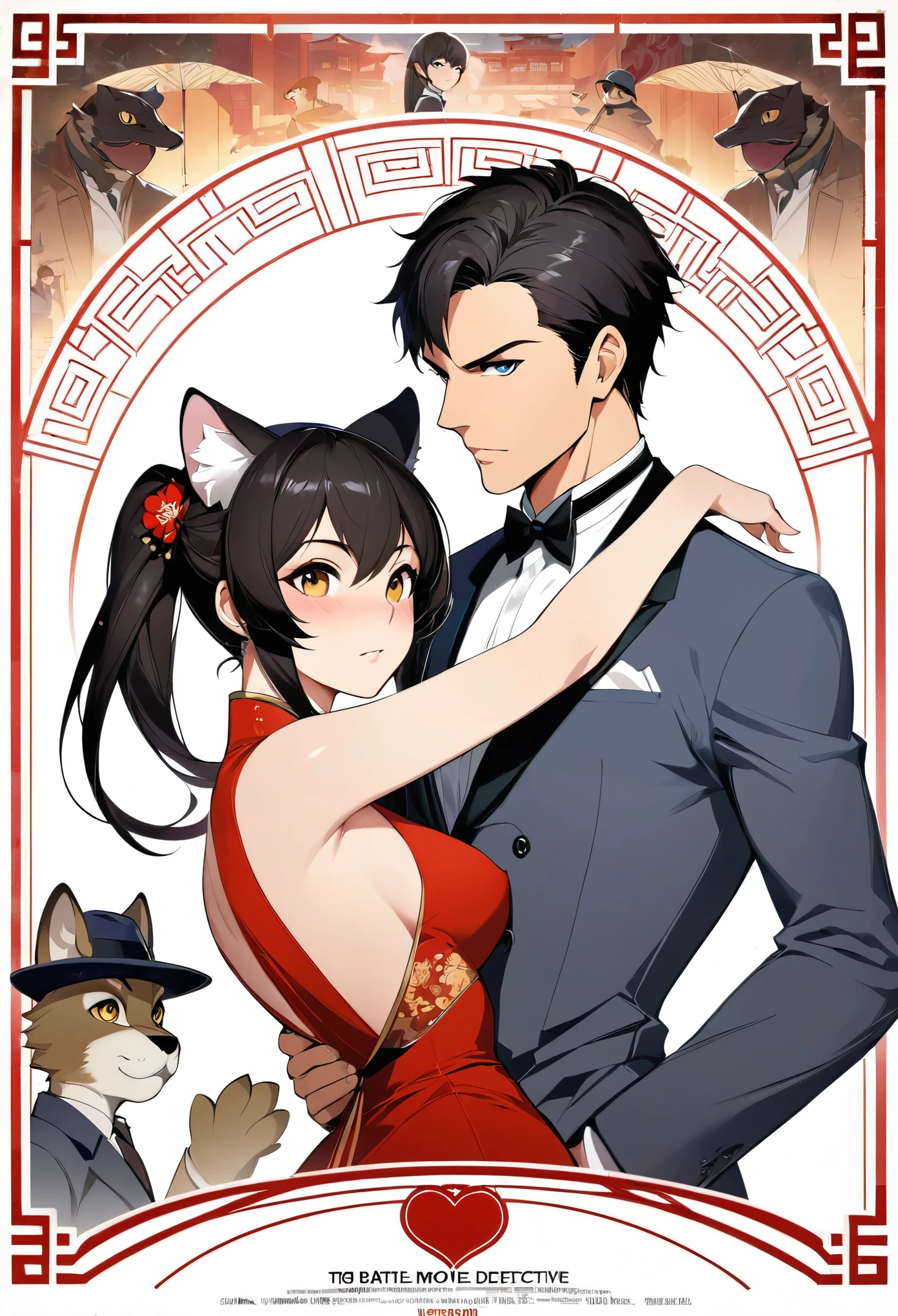 movie poster, movie artwork, concept art of love, romance novel cover, highres, top quality, best quality, perfect artwork, absurdres, perfect anatomy(couple, young 1male detective, 1woman in Chinese dress)(furry, kemono, anthro))with some elements of 007, battle,
