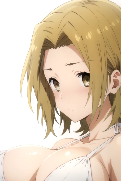 Portraiture, alone focus, alone, close, (White Background, Plain background, Simple Background:1.3), Viewers watching Horimiya_Yuki, One Girl, tainaka ritsu, alone, Brown Hair, short hair, Brown eyes, Embarrassed face、blush、(Huge breasts:1.2)、White Bikini