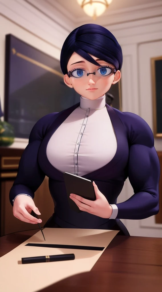 (masterpiece, best quality:1.2), 1girl, solo,Create a detailed illustration of Natalie Sancoeur from 'Miraculous Ladybug.' She is depicted in her usual professional attire, with a stern and composed expression. The background should be set in the Agreste mansion, showcasing elements like elegant furniture and a grand staircase, reflecting the opulent setting. Emphasize her poised and meticulous nature, highlighting her distinctive glasses and neatly tied hair. The overall mood should be serious and sophisticated, capturing her role as a competent and loyal assistant.,a big muscular female bodybuilder, muscular female body, detailed face, beautiful detailed eyes, beautiful detailed lips, extremely detailed eyes and face, long eyelashes, muscular body, athletic pose, serious expression, black hair, corporate attire, office setting, indoor scene, professional, photorealistic, 4k, highres, best quality, ultra-detailed, realistic,((abs))