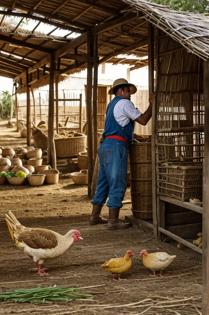 Un campesino agarrando una gallina en su granja