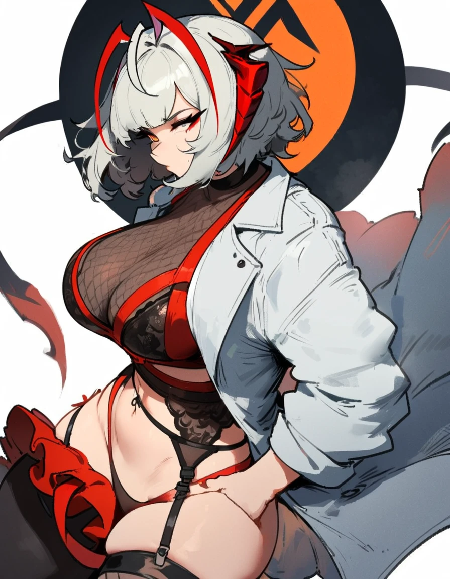 1girl, W \(arknights\), arknights \\\\\ masterpiece, best quality, very aesthetic, absurdres, newest \\\\\\ slim body,///// ,by nyantcha,cutesexyrobutts , by khyle,,////// ,,solo,, , ,,detailed face, , ,, , , , , beautiful face, (white background:1.2), , , , orange eyes, , , rating:nsfwg tits,), in the center of the frame,,short hair, ,lingerie garter belt,, black openwork bra, wears a lab coat, hands in pockets