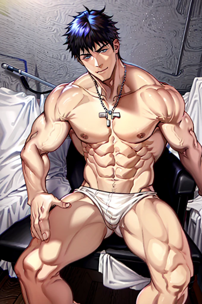 male, about 6’4, , sharp jawline, muscular build, pale skin, dark blue eyes, messy half black hair, half white hair, shirtless, necklace, in office, sitting in chair, leaning back, undoing pants, smiling, night time, looking down, angle from under desk