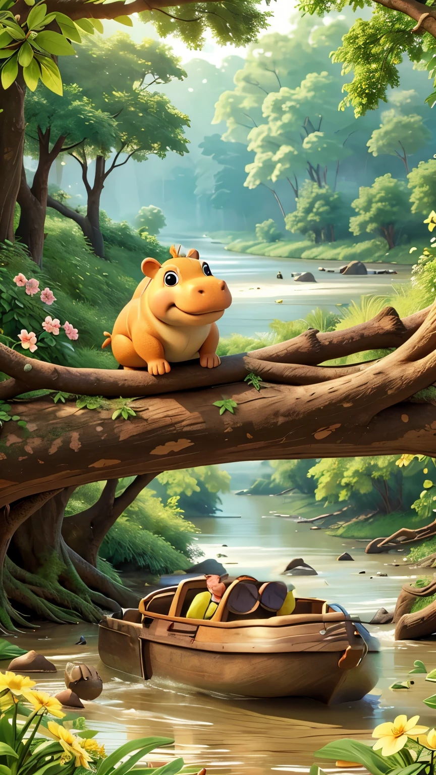 Hippopotamus, sunny, fallen tree on the river bank, optimistic exploration, wide river, beautiful flowers, fragrant smell, sharing flowers, optimistic smile