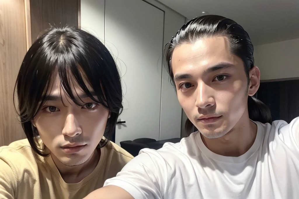 A selfie of a man with long bangs down and a man with his hair slicked back。