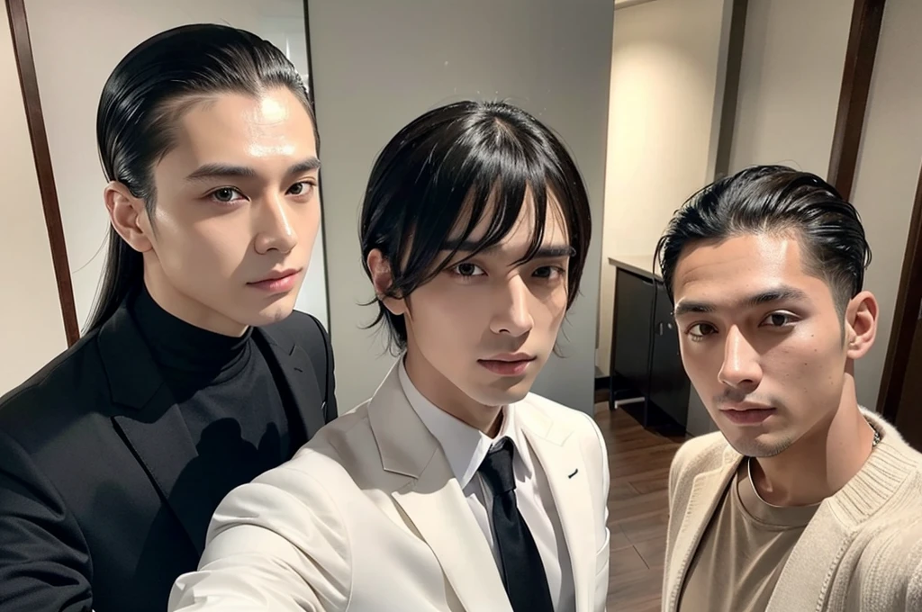 A selfie of a man with long bangs down and a man with his hair slicked back。