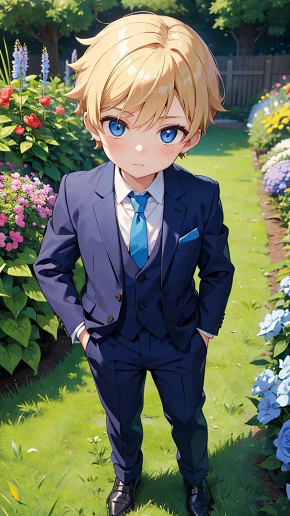 Little boy with hair, light skin, blue eyes, suit, blue tie, dark pants, In the garden