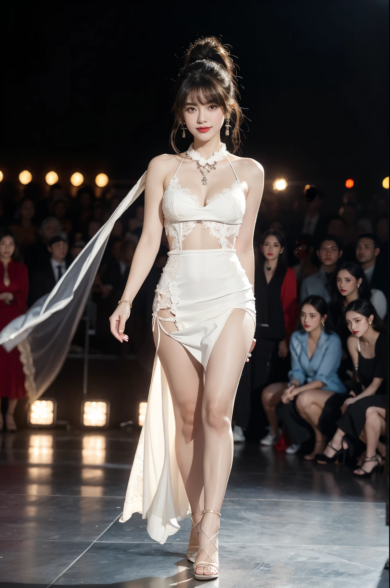 1girl,bangs,bare arms,collar,maxi white lace cheongsam,detailed background,brown eyes,brown hair,cleavage,earrings,necklace,full body,jewelry,flat chest,ponytail,looking at viewer,makeup,night scene,red lips,signature,smile,solo,standing,thighs,slender legs,high heels,On the T-stage,catwalk,fashion show,Surrounded by crowded crowds on both sides of the stage,neon lights