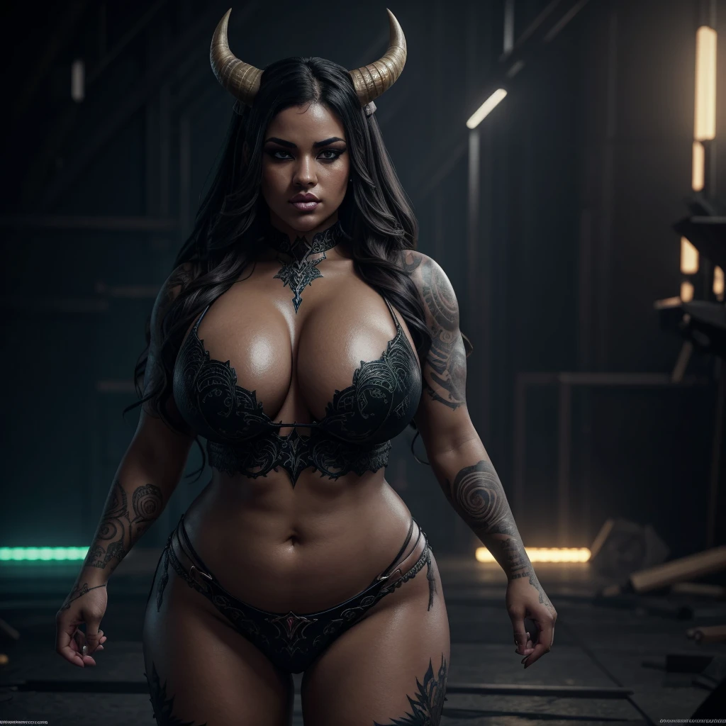 Full body Portrait of  a demoness character with a heavy physique, extremely voluptuous and gorgeous. She exudes a powerful yet seductive presence, with sharp horns, flowing dark hair, and intricate tattoos adorning her skin. Her eyes glow with an otherworldly charm, and she is surrounded by an aura of dark magic. Capture her essence as a fierce and alluring figure that commands attention and admiration."8k resolution, dynamic lighting hyperdetailed intricately detailed Splash art trending on Artstation triadic colors Unreal Engine 5 volumetric lighting, oil painting, heavy strokes