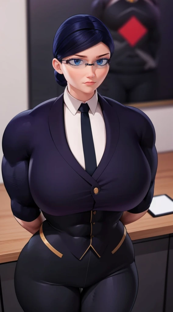 a muscular female bodybuilder in office suit, detailed face, beautiful detailed eyes, beautiful detailed lips, extremely detailed face and muscles, long eyelashes, strong muscles bulging through suit, dynamic pose, professional studio lighting, hyperrealistic, 8k, high quality, photorealistic, physically-based rendering, concept art, dramatic color palettea big muscular female bodybuilder, muscular female body, detailed face, beautiful detailed eyes, beautiful detailed lips, extremely detailed eyes and face, long eyelashes, muscular body, athletic pose, serious expression, black hair, corporate attire, office setting, indoor scene, professional, photorealistic, 4k, highres, best quality, ultra-detailed, realistic