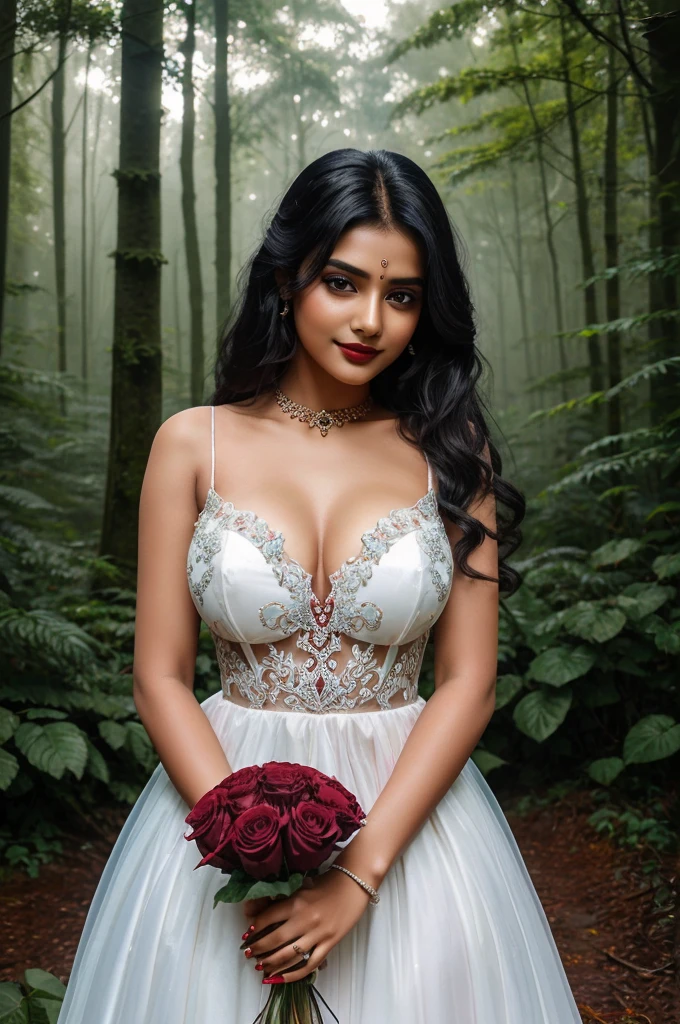 A beautiful indian 20 years old girl her eyes blue and her hair colour black. Her lipstick light red. Some jewellery items. Her background rainy forest ( detailed background) 32k wallpaper full resulation her dress wedding dress. Full body parts medium breast her hands holding a rose flower bouquet. And cute smile