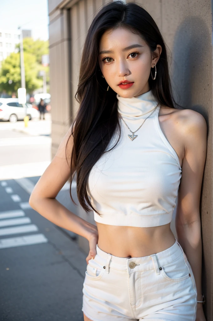 beautiful女孩大学生，masterpiece，Light makeup，Red lips，Silver Hair，Messy long hair，Street background，beautiful，grace。Extremely fine details，Work，Real texture，Realistic lighting，完美的Work，8K，HD，Exquisite facial features，Leather White Bodycon Turtleneck Top，Leather White Skinny Shorts，Slim body，Big bright eyes，earrings，necklace