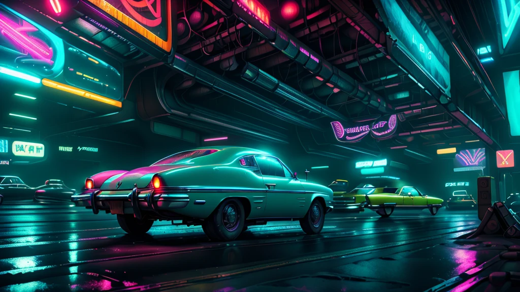 Cool chic car on a wet road. , neon lights, neon, retrowave, club,,,, in love Hemp, colorful, wallpaper, energy, secret, magical environment, omniscience, prediction of the future, understanding the past, frost magic, --v 6