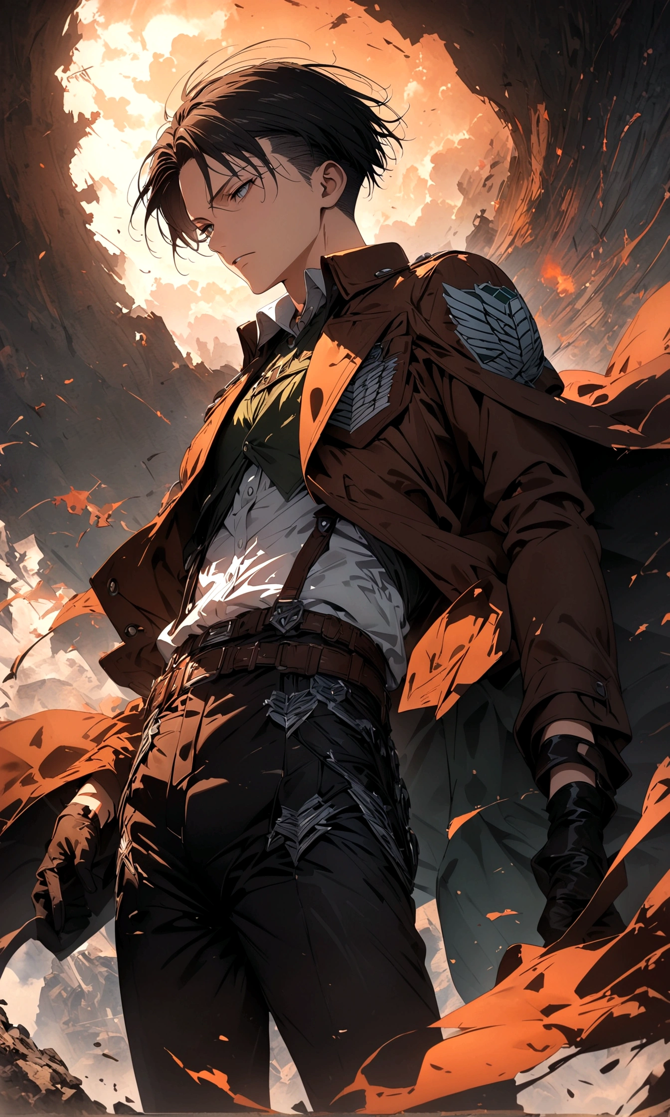 1 male,Levi Ackerman,Attack on Titan,,Intricate details,Wide range of colors,artwork,rendering,(masterpiece:1.3),(highest quality:1.4),(Super detailed:1.5),High resolution,Very detailed,unity 8k wallpaper,Decadent,Wind