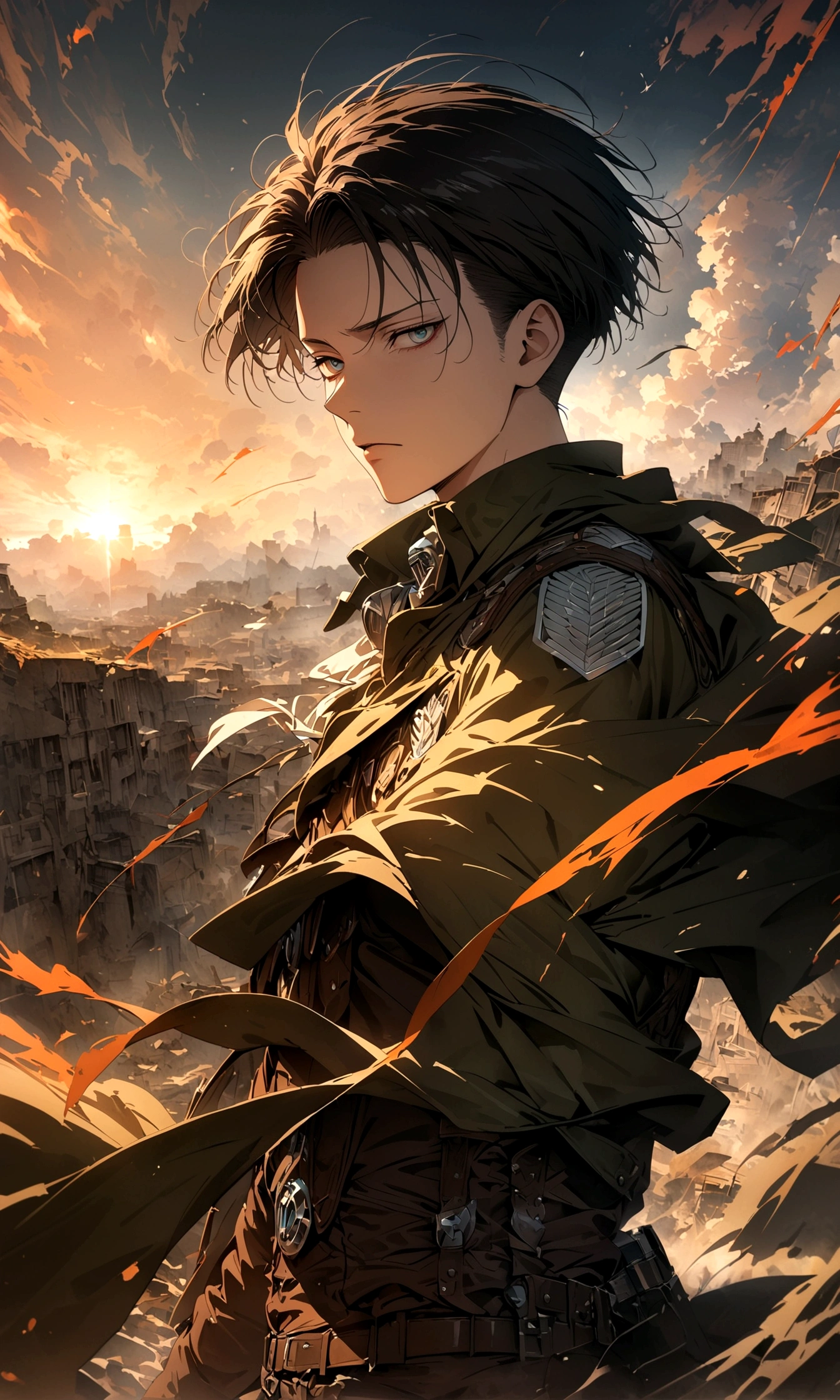 1 male,Levi Ackerman,Attack on Titan,,Intricate details,Wide range of colors,artwork,rendering,(masterpiece:1.3),(highest quality:1.4),(Super detailed:1.5),High resolution,Very detailed,unity 8k wallpaper,Decadent,Wind