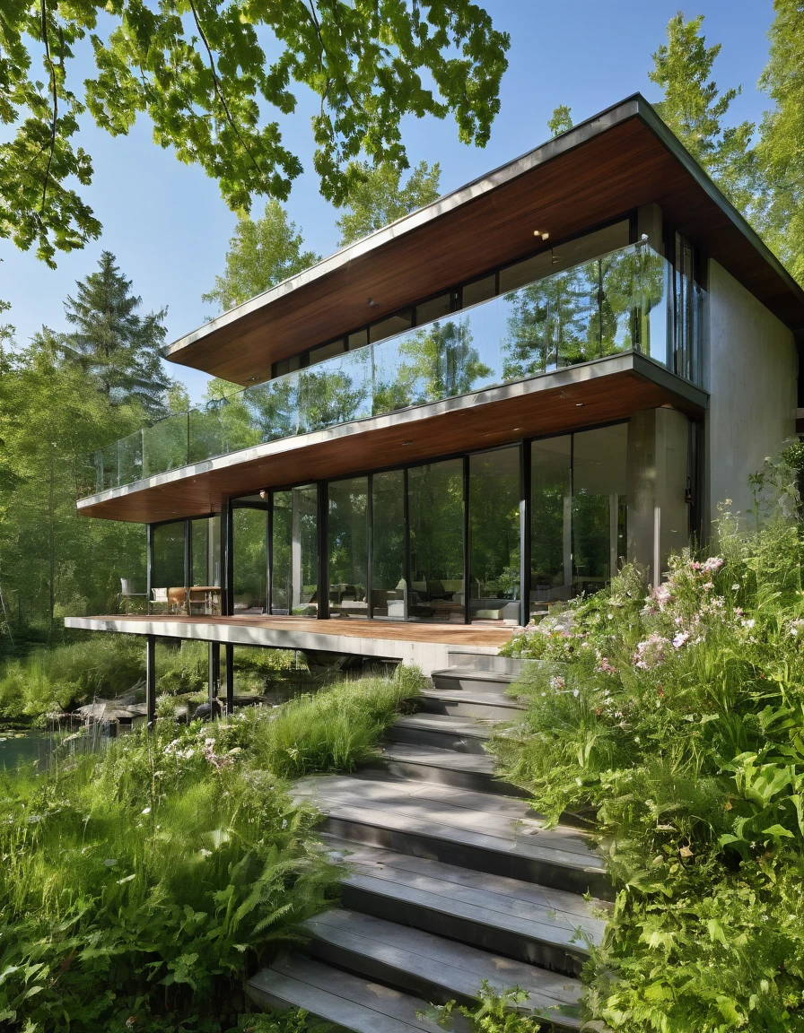 Imagine a contemporary home, where steel, wood and light gray concrete harmonize perfectly. Brise-brise style windows, allowing natural light to dance through the space while maintaining privacy. From the spacious deck, the view opens up to a large, serene lake, reflecting the blue sky and surrounding trees. It's a spring afternoon, the gentle breeze carries the scent of flowers and the peaceful sound of water. The space is welcoming and relaxing, ideal for enjoying a good book or a coffee, in complete harmony with nature