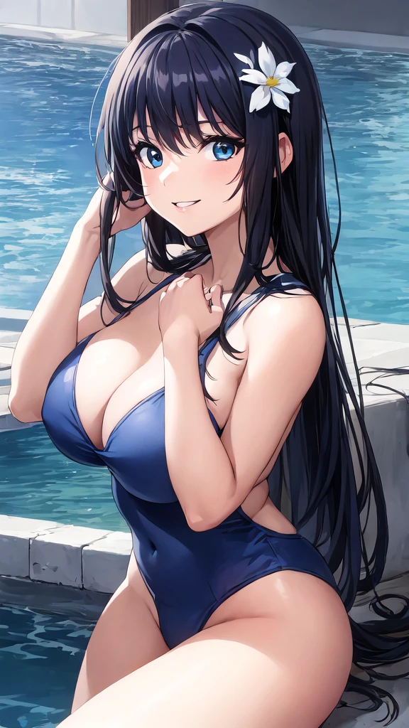 (Perfect hands, Perfect Anatomy:1.4), Satin Ruiko, alone,(Navy school swimsuit:1.5),(A neat figure,thin:1.4),(Hairstyle is a princess cut:1.5),(Black Hair:1.4), blue eyes, (Black Hairの:1.4),(Black Hairの:1.4),Long Hair,(Straight long hair:1.4), hair ornaments, (1 white flower decoration:1.4),(tsurime:1.4),(Sitting),(Broke up_lips:1.4),(Hime cut:1.4),(Large Breasts:1.4),(Put your hands behind your head:1.2), (Wicked Smile:1.4),20-year-old,(Wet:1.2),Sit on, (View your viewers:1.3),(View from below:1.3), (Pool,Poolサイドで:1.4),(Dazzling sunlight,summer:1.4)、 break (Hime cut:1.4),(masterpiece:1.5),(Extremely accurate details,Ultra-high resolution:1.4),Highly detailed CG Unity 8k wallpaper,(Realistic,Photorealistic,超Realisticな:1.5),(curve,model,Glamour:1.5),Beautiful breasts,color_aberration,Beautiful detailed shadows,Beautiful Eyes,Beautiful body,Beautiful Skin,Beautiful Hands,(Aesthetic Anime Eyes:1.4),(figure:0.8), (Beautiful attention to detail:1.4), Highly detailed face, Perfect lighting, Highly detailed CG, (Perfect hands, Perfect Anatomy:1.4),