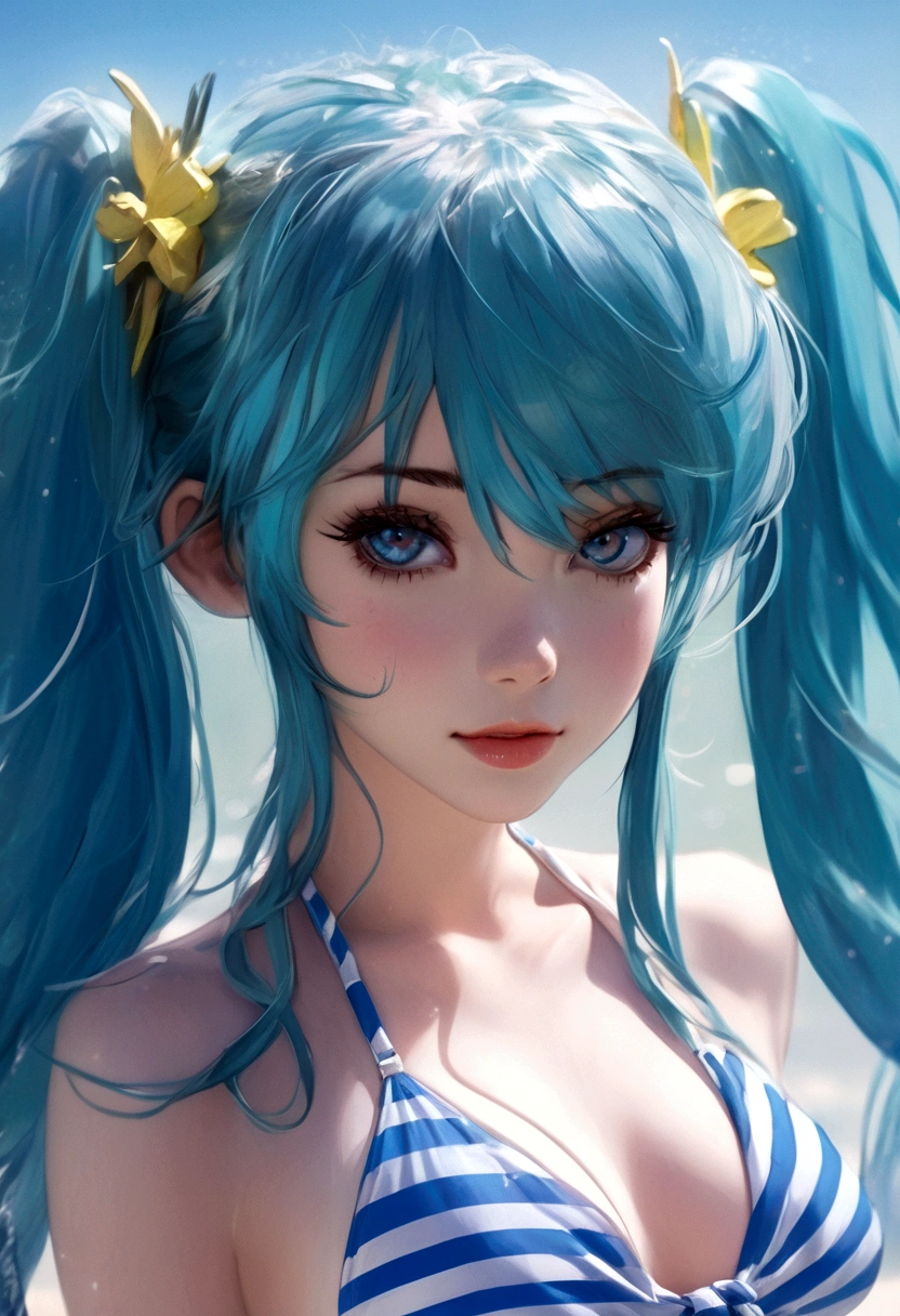 a cute hatsume miku in a sexy blue and white striped bikini, beautiful detailed eyes, beautiful detailed lips, extremely detailed eyes and face, long eyelashes, detailed skin, photorealistic, highly detailed, 8k, best quality, masterpiece, vibrant colors, natural lighting, colorful, soft lighting